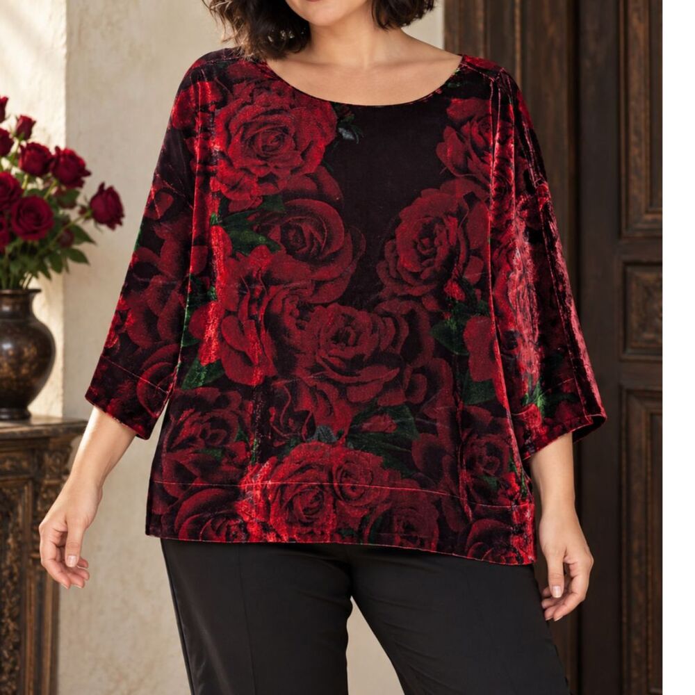 Soft Surroundings XL Red Rose Burnout Velvet Tunic Top Whimsigoth Romantic